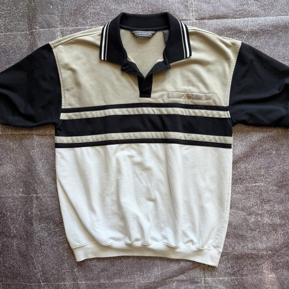 Mens Vintage 80s David Taylor Beige Black White Color Block Polo Sweatshirt Sz M